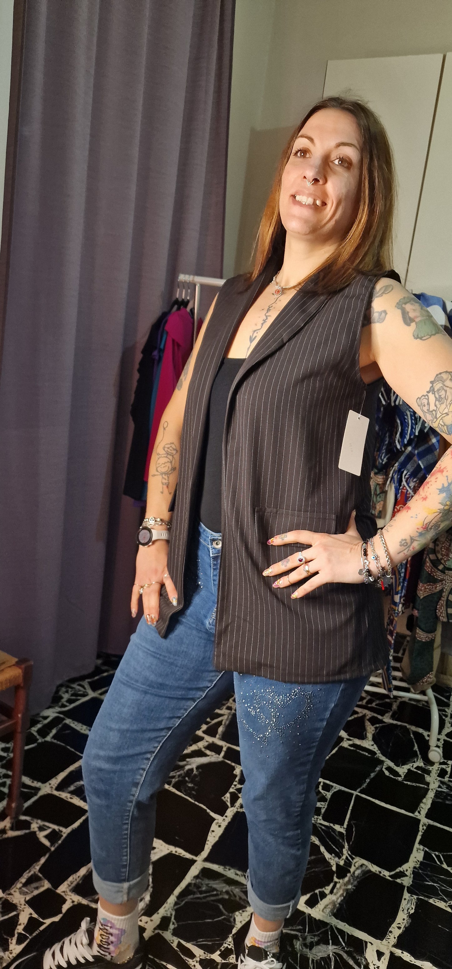 giacca smanicata gessato