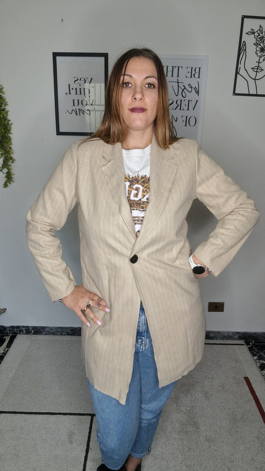 Cappottino Lungo a Riga Gessata Beige