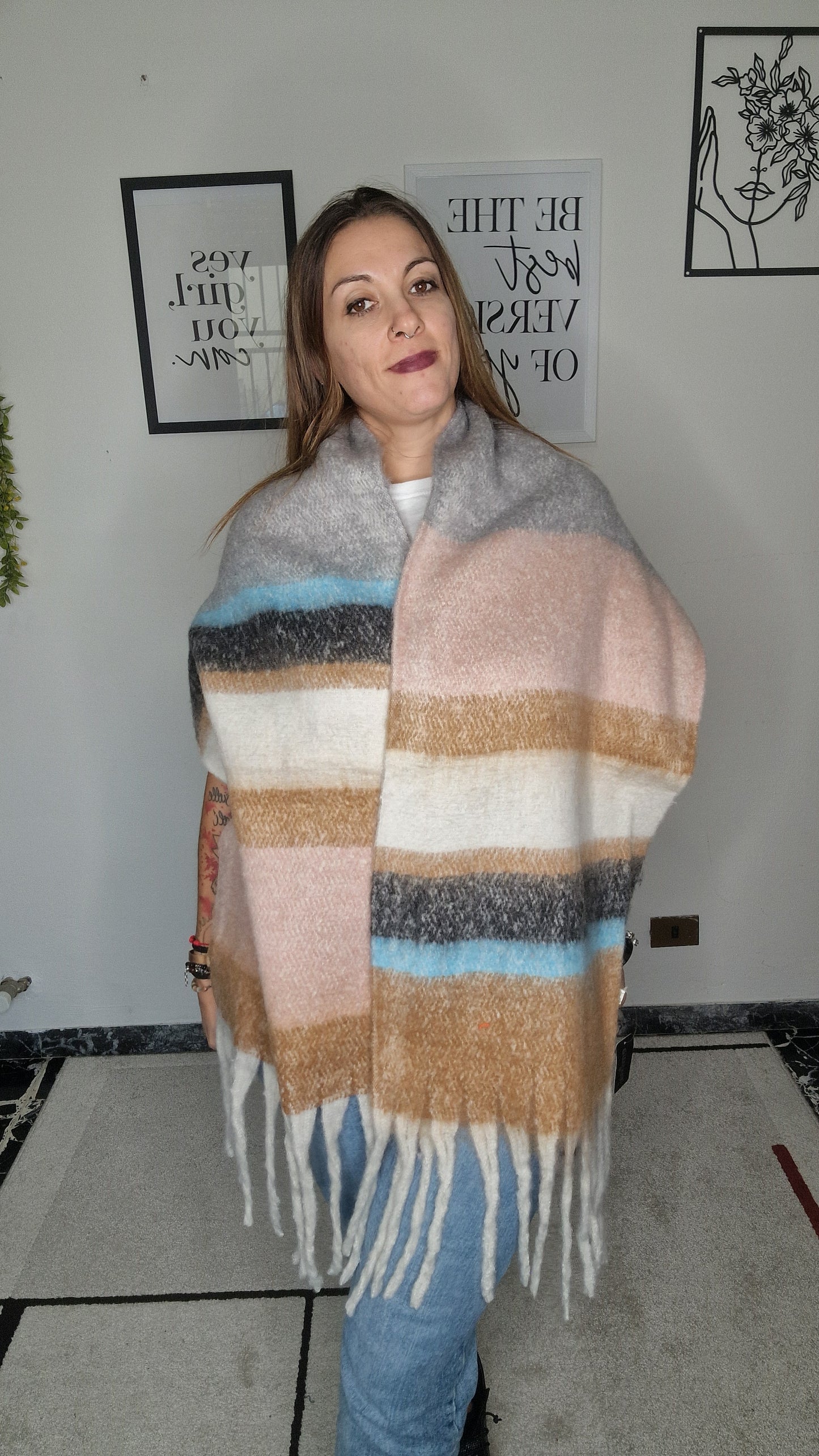 Sciarpa/Stola Oversize Tinta Unita a Blocchi di Colore