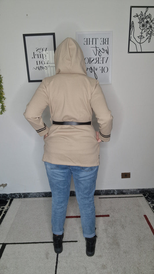 Cappottino/Cardigan con Cappuccio e Dettagli a Contrasto