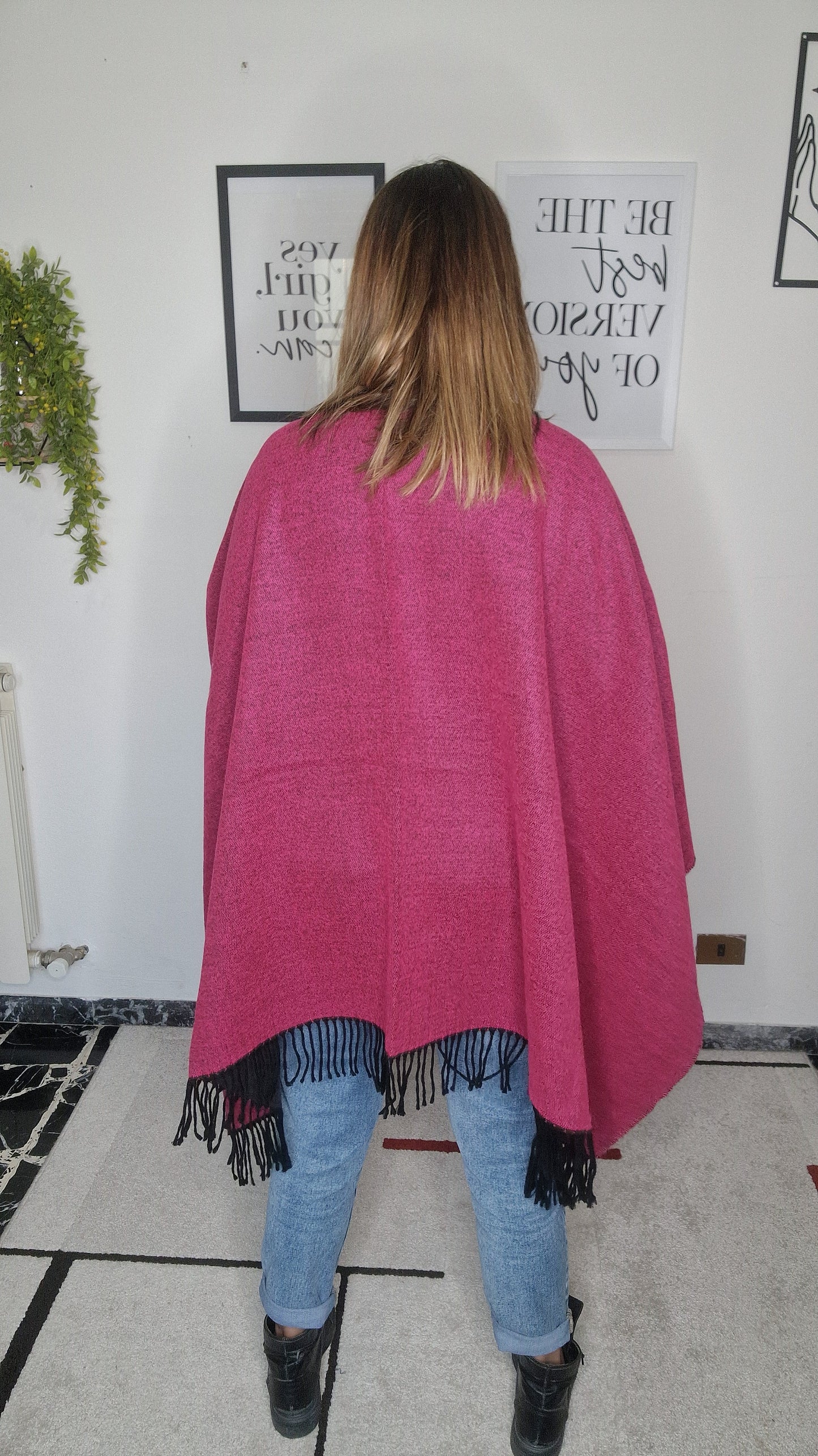 Poncho Reversibile Bordeaux e Nero con Frange