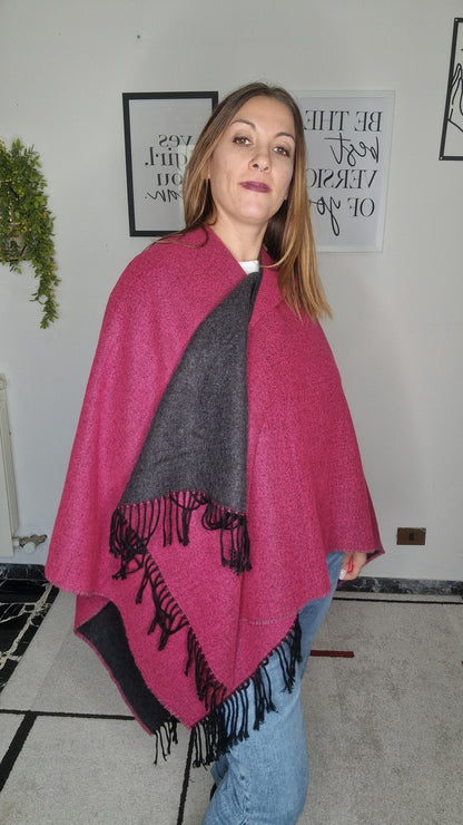 Poncho Reversibile Bordeaux e Nero con Frange