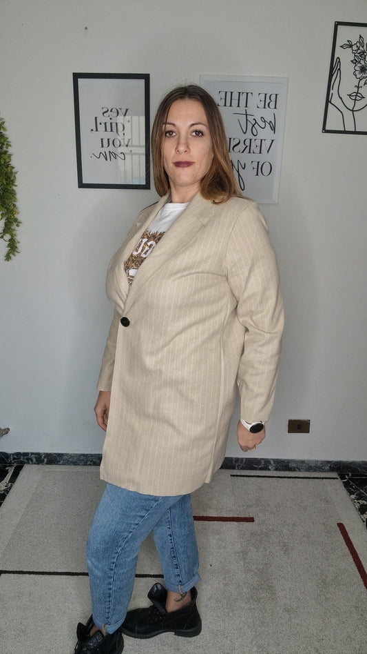 Cappottino Lungo a Riga Gessata Beige