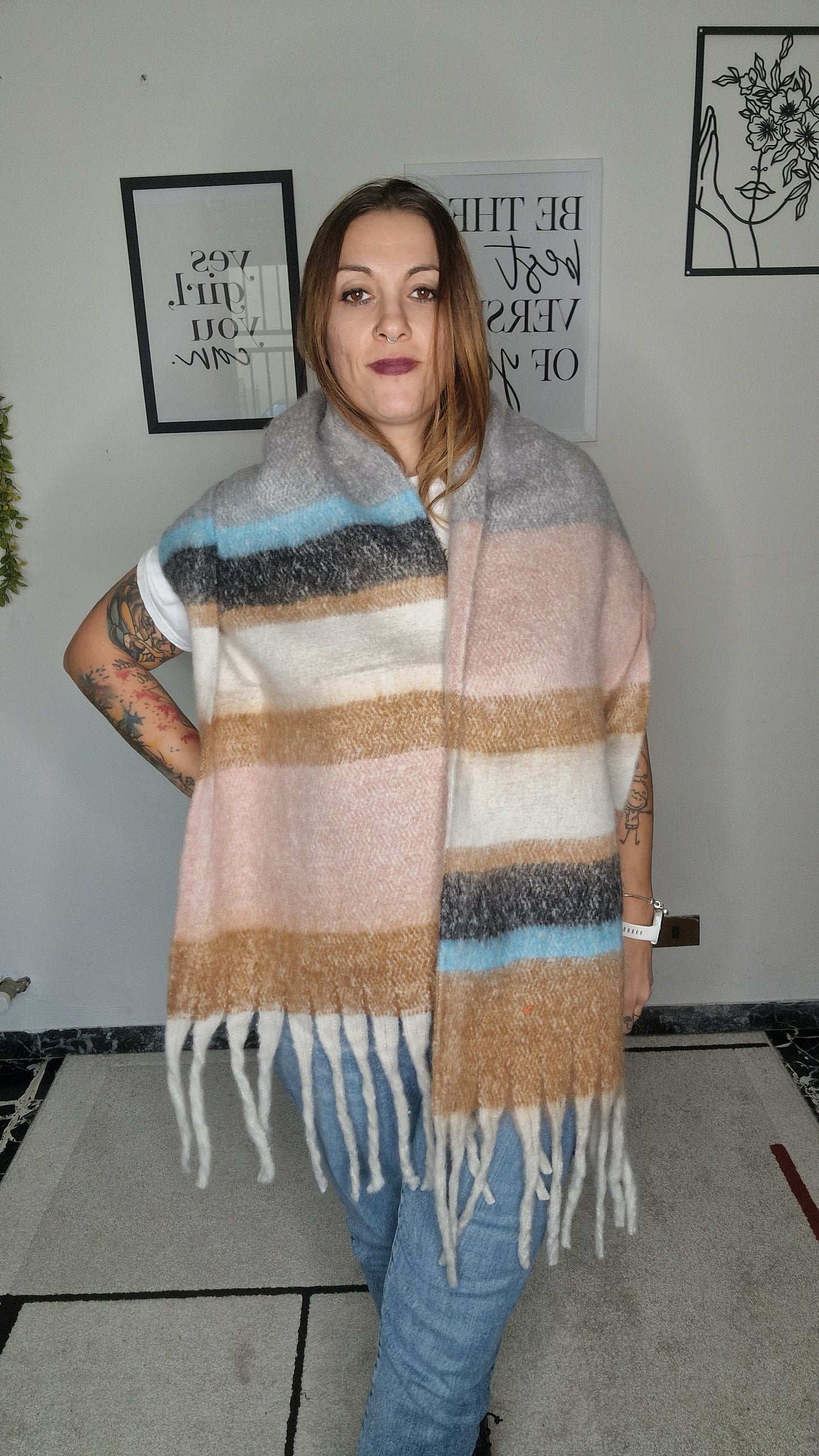 Sciarpa/Stola Oversize Tinta Unita a Blocchi di Colore