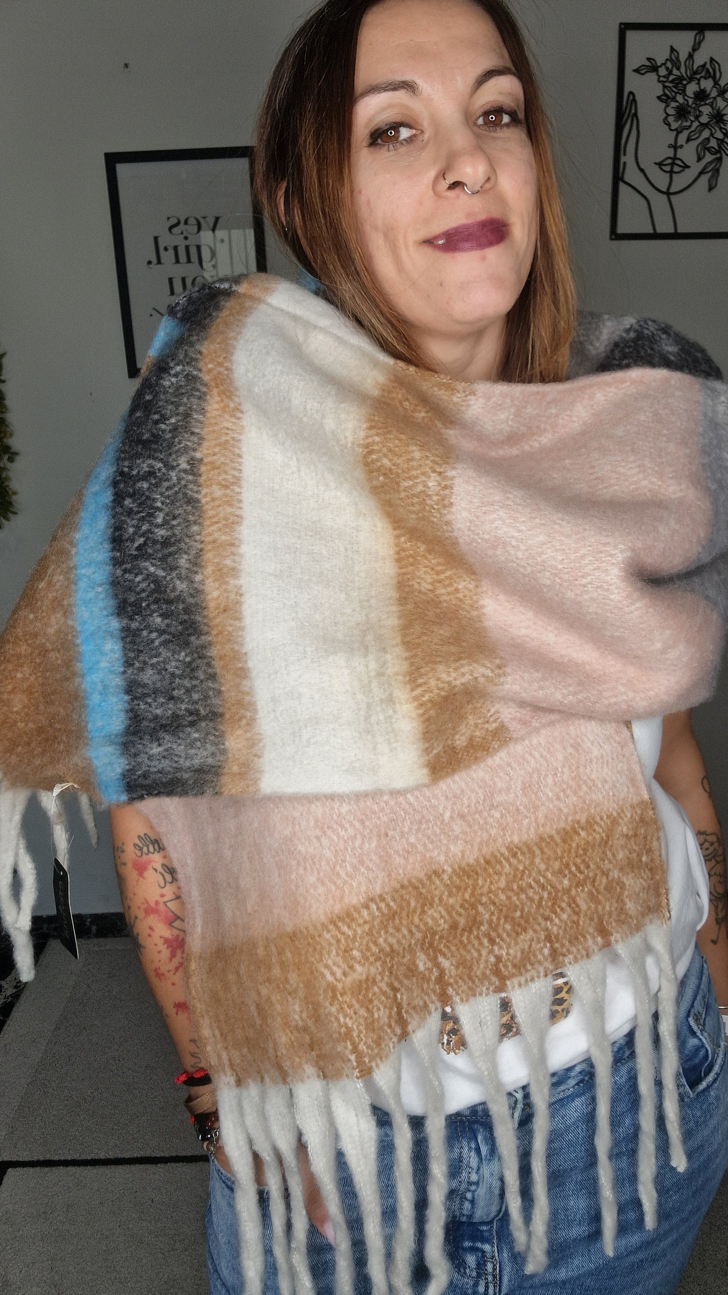 Sciarpa/Stola Oversize Tinta Unita a Blocchi di Colore