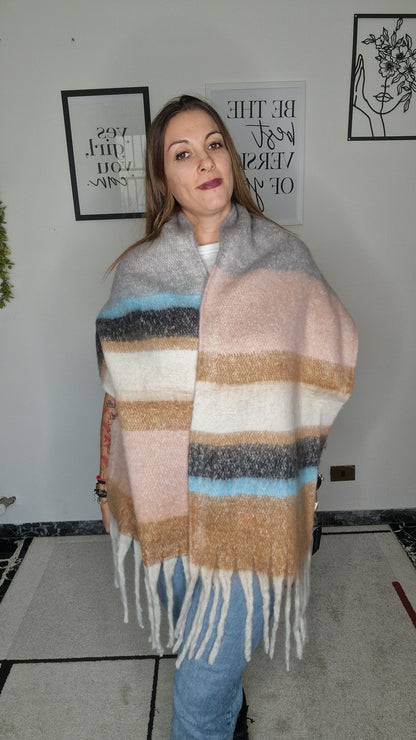 Sciarpa/Stola Oversize Tinta Unita a Blocchi di Colore