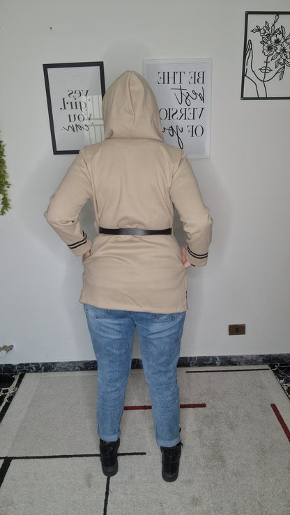 Cappottino/Cardigan con Cappuccio e Dettagli a Contrasto