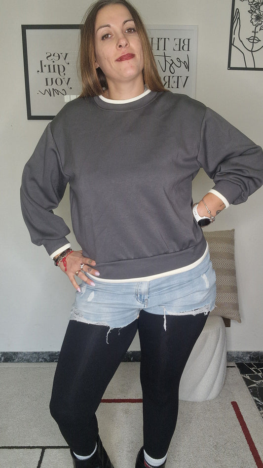 Felpa Girocollo Oversize con Dettagli a Contrasto