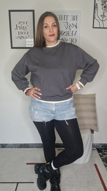 Felpa Girocollo Oversize con Dettagli a Contrasto