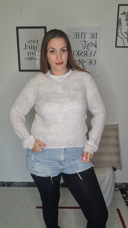 Maglione Girocollo a Coste Effetto Mohair